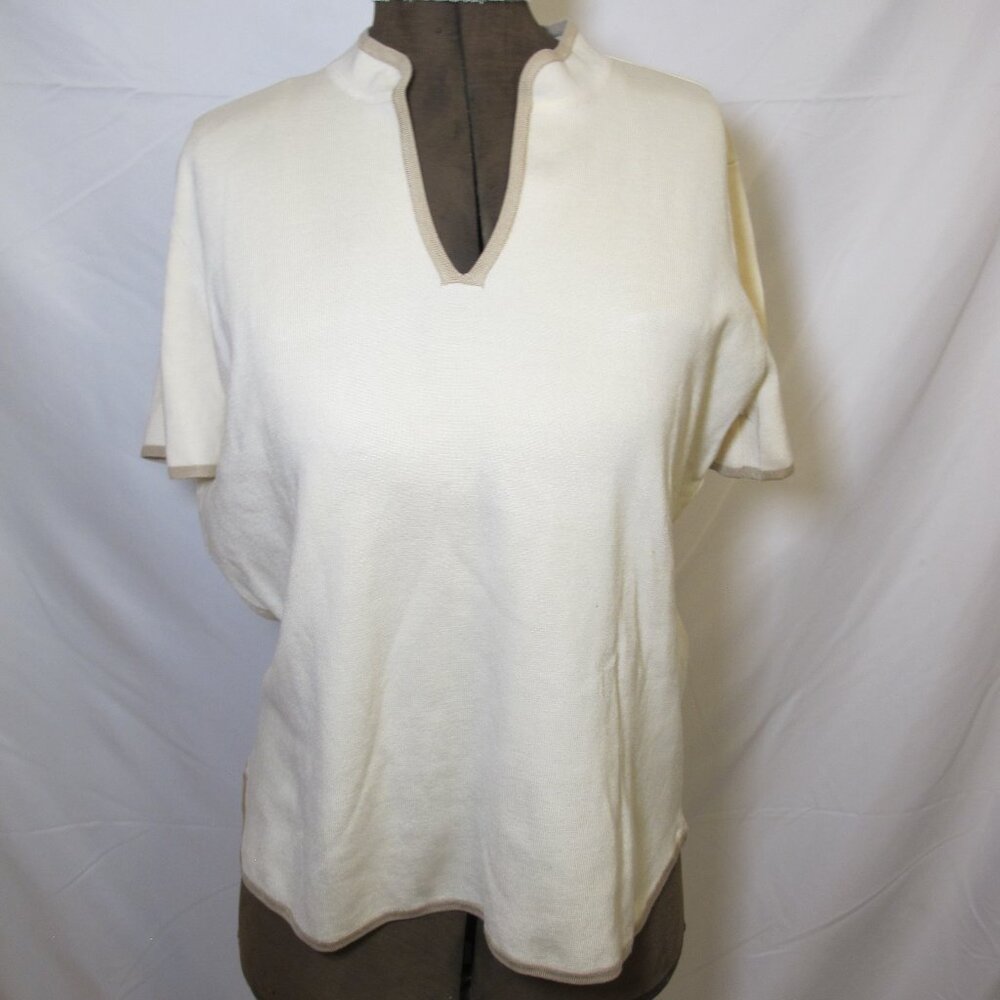 Monterey Bay short sleeve silk-blend cream sweater with taupe edging  XL